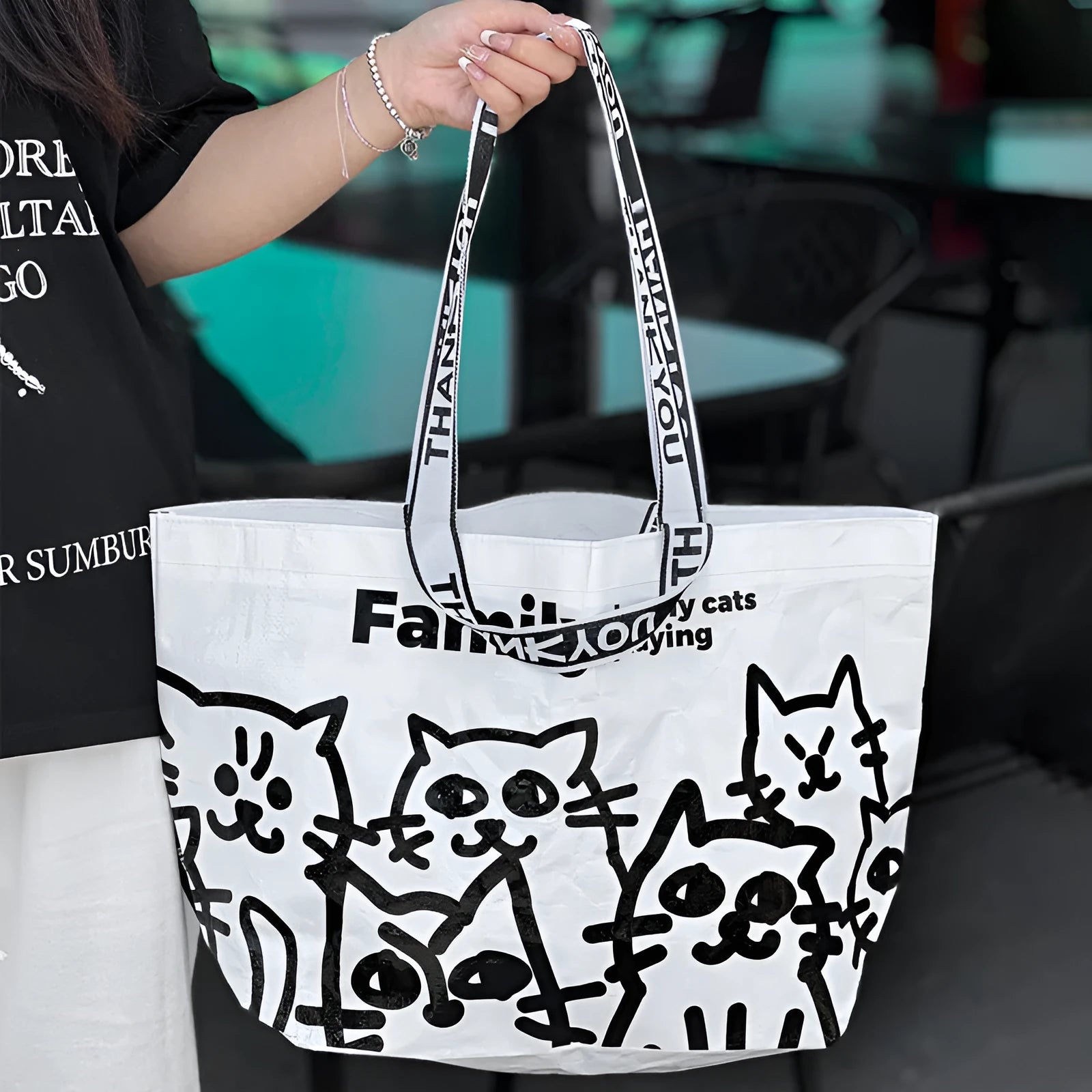 Waterproof woven handbag with colour printing, made from blue PP woven fabric.