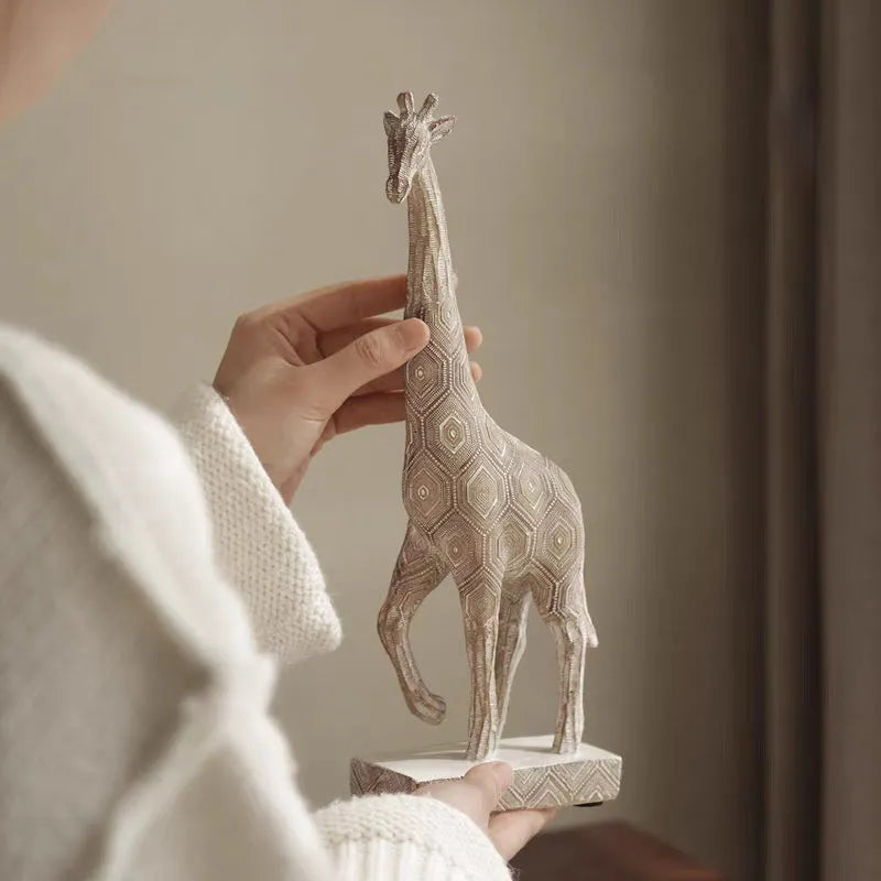 Wood colour giraffe resin sculpture 30.5cm tall on shelf display