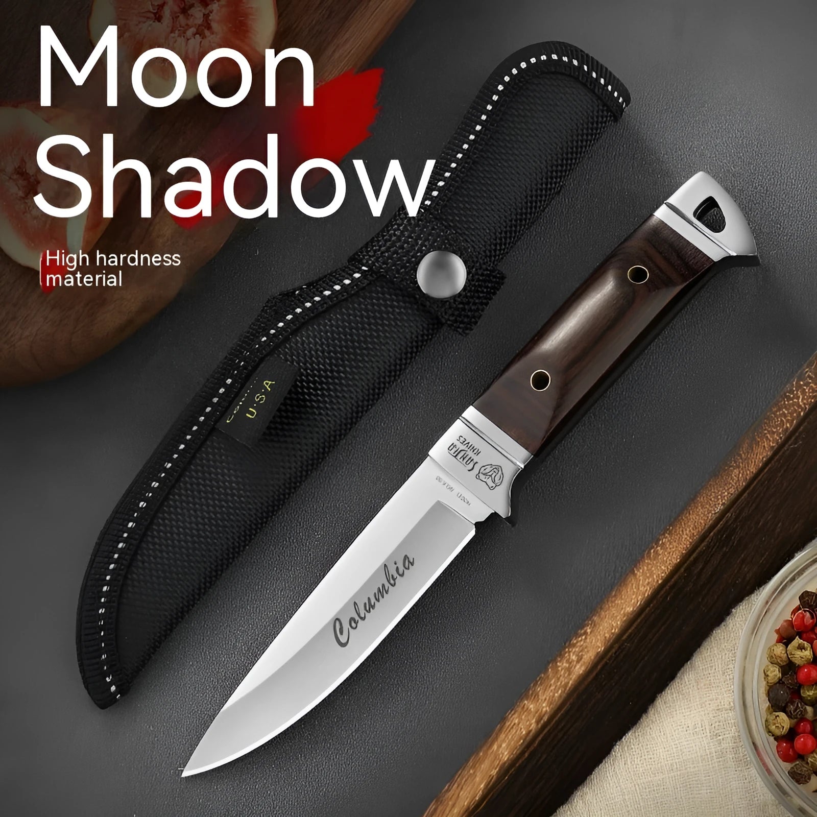 Stainless steel camping fruit knife with leather sheath case.