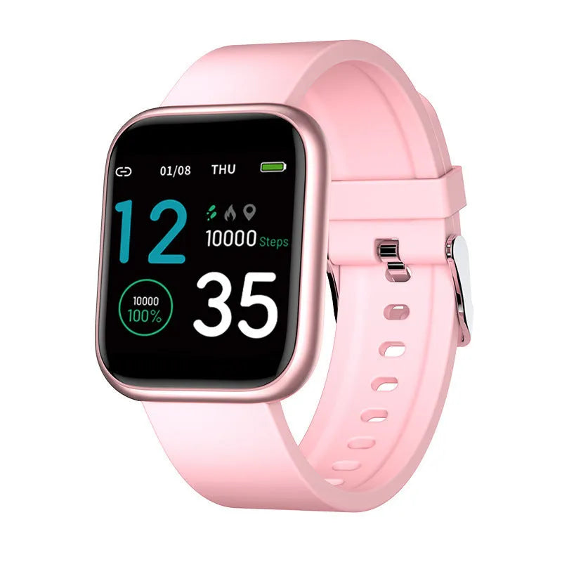Black smart watch with colour touch screen displaying heart rate and blood oxygen data on wrist.