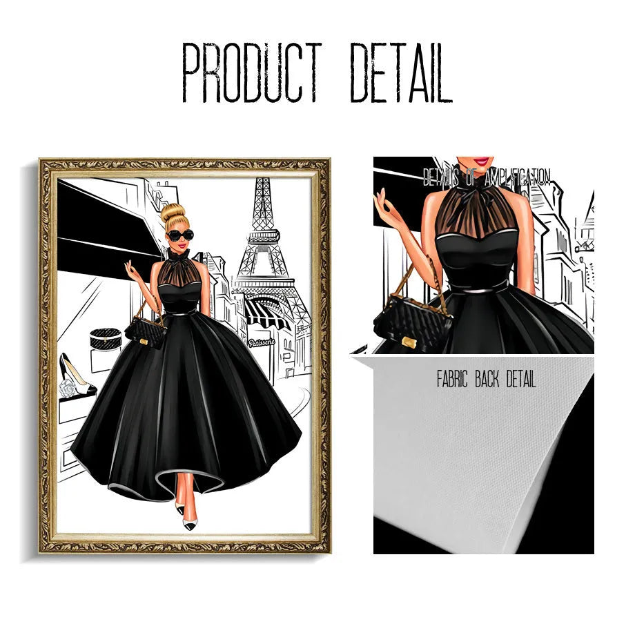 Modern cartoon canvas wall art print featuring a fashion bag girl with balloons and champagne.