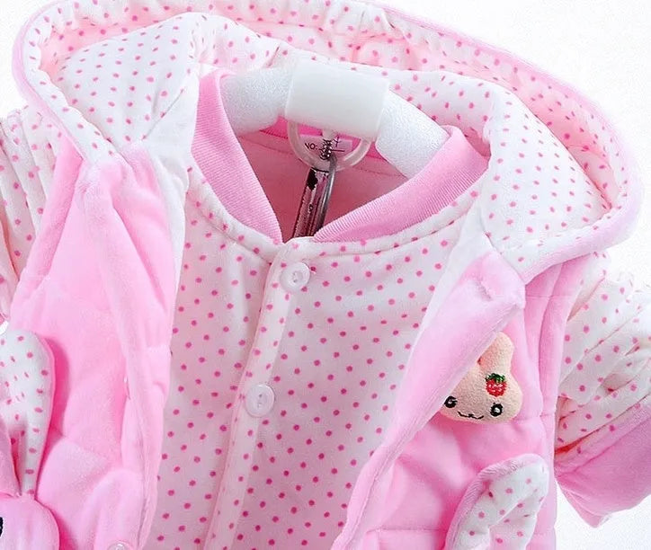 Girls three-piece autumn winter clothing set with jacket, vest, and trousers in pink colour