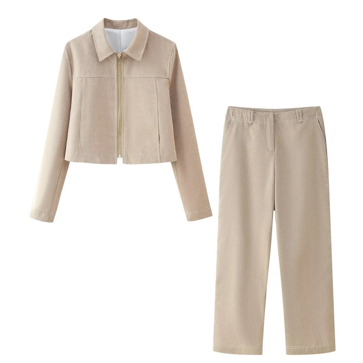 Women's herringbone pattern suit set with 3D embroidery including long sleeve coat and straight trousers