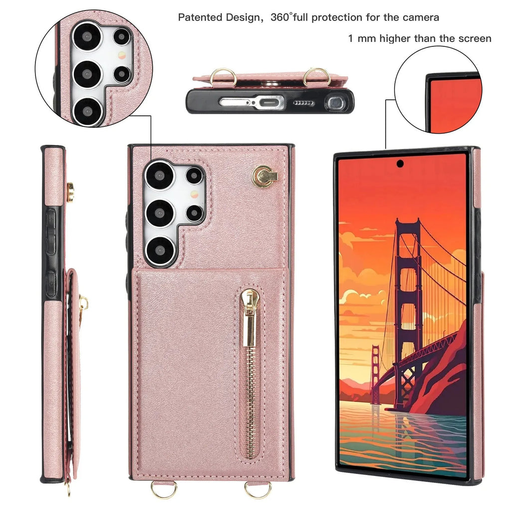 Leather Samsung phone case with crossbody strap and zippered card slot in various colours.