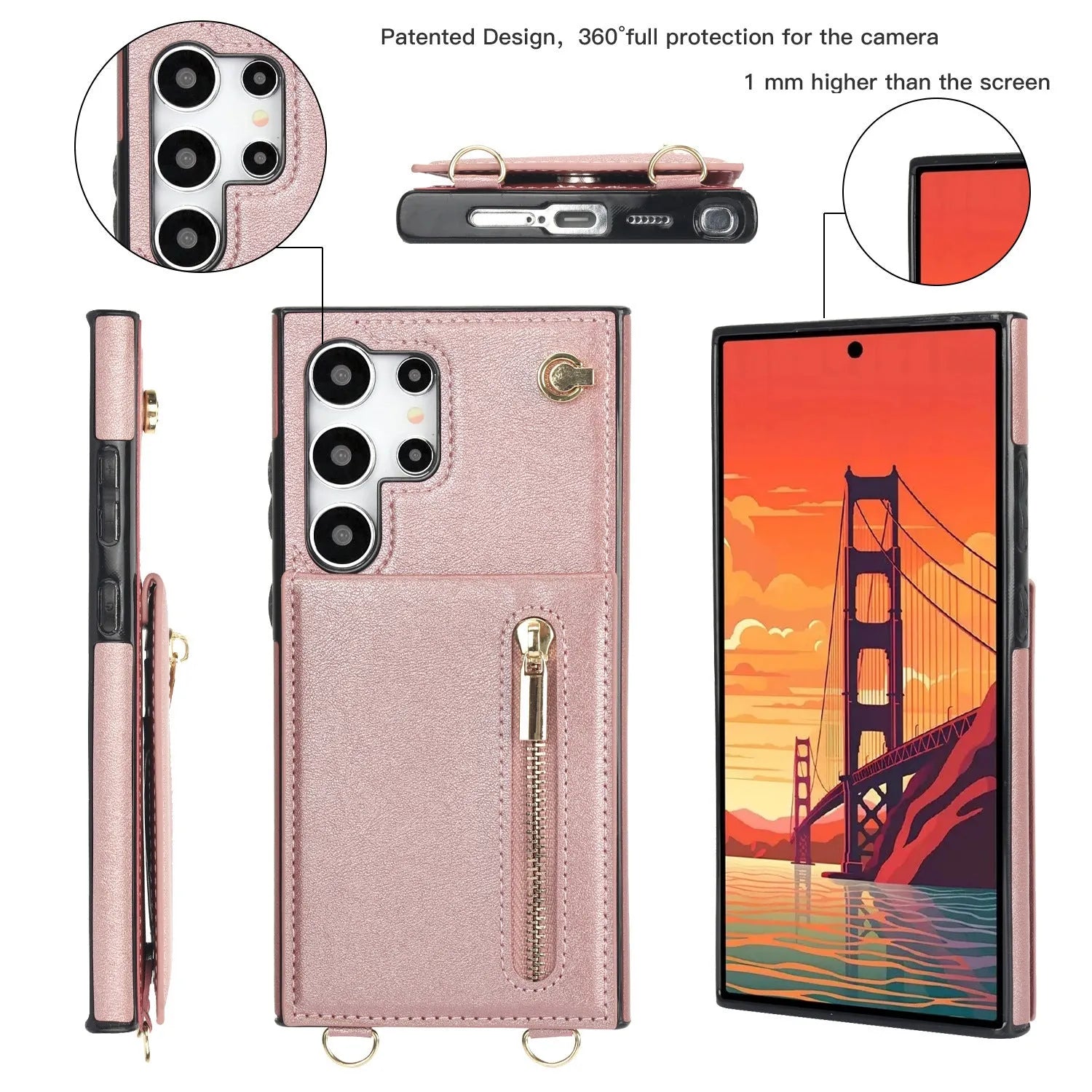 Leather Samsung phone case with crossbody strap and zippered card slot in various colours.