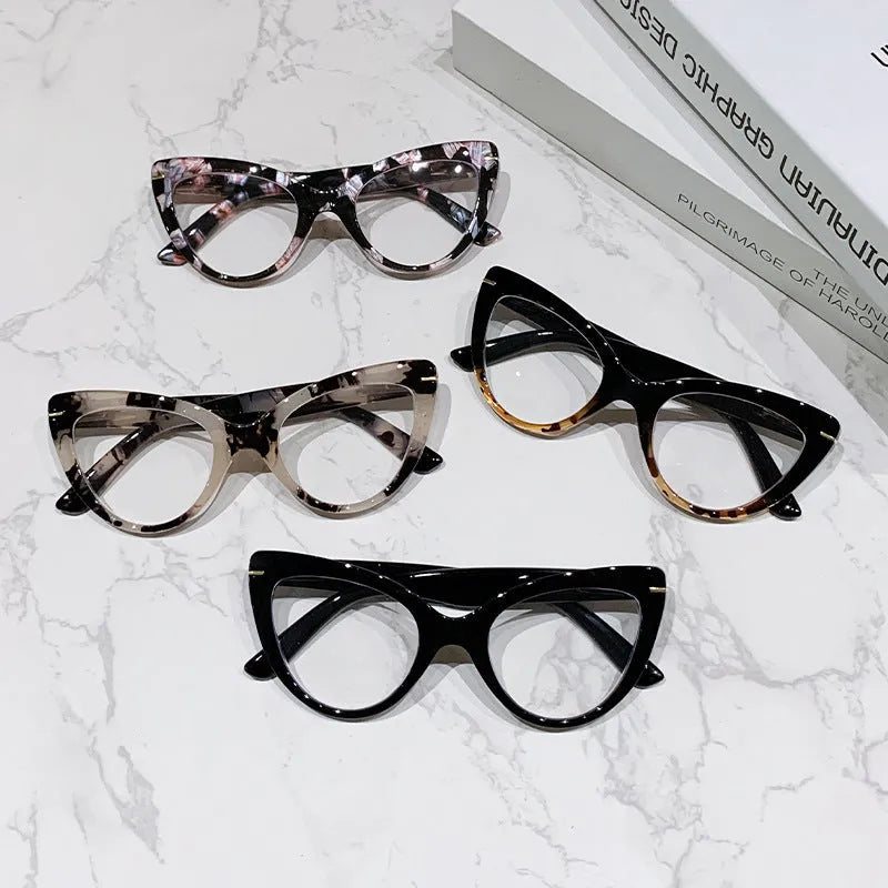 Women's large cat's eye reading glasses with dragon and phoenix decorations in floral or leopard print frame patterns