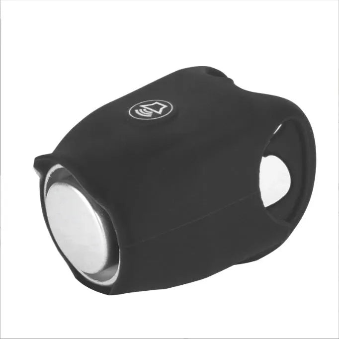 Plastic electronic bicycle horn in six colour options shown with two 2032 batteries.