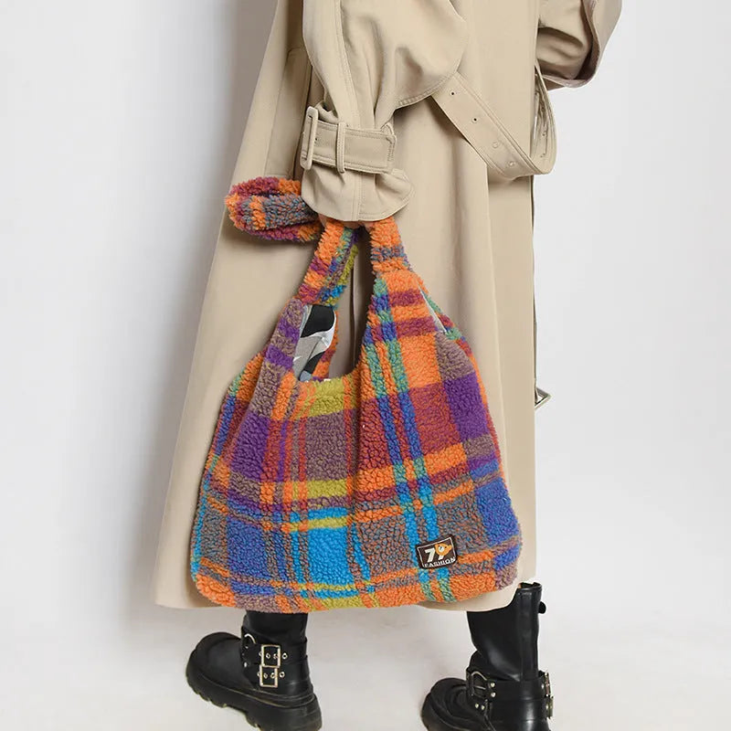 Women's plaid crossbody tote bag in Army Green with horizontal square shape and soft plush material