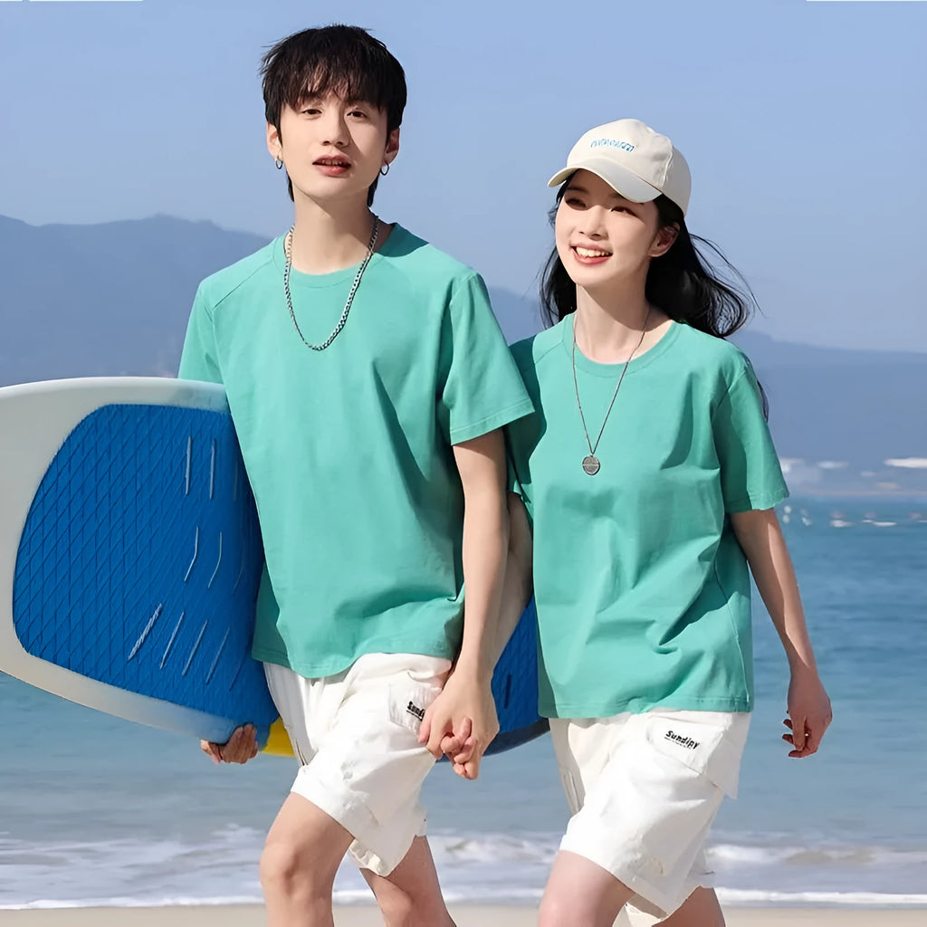 Men's pure cotton straight short sleeve t-shirt in solid colour on hanger