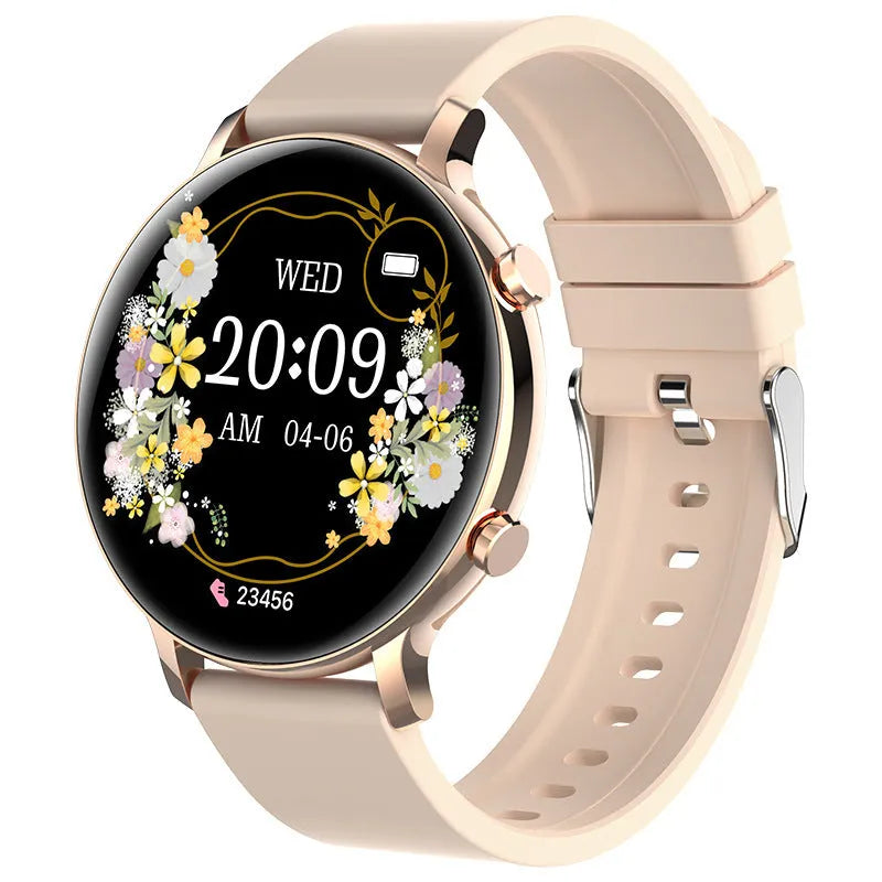 Black smartwatch with stainless steel case and genuine leather strap on a wrist.