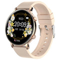 Black smartwatch with stainless steel case and genuine leather strap on a wrist.