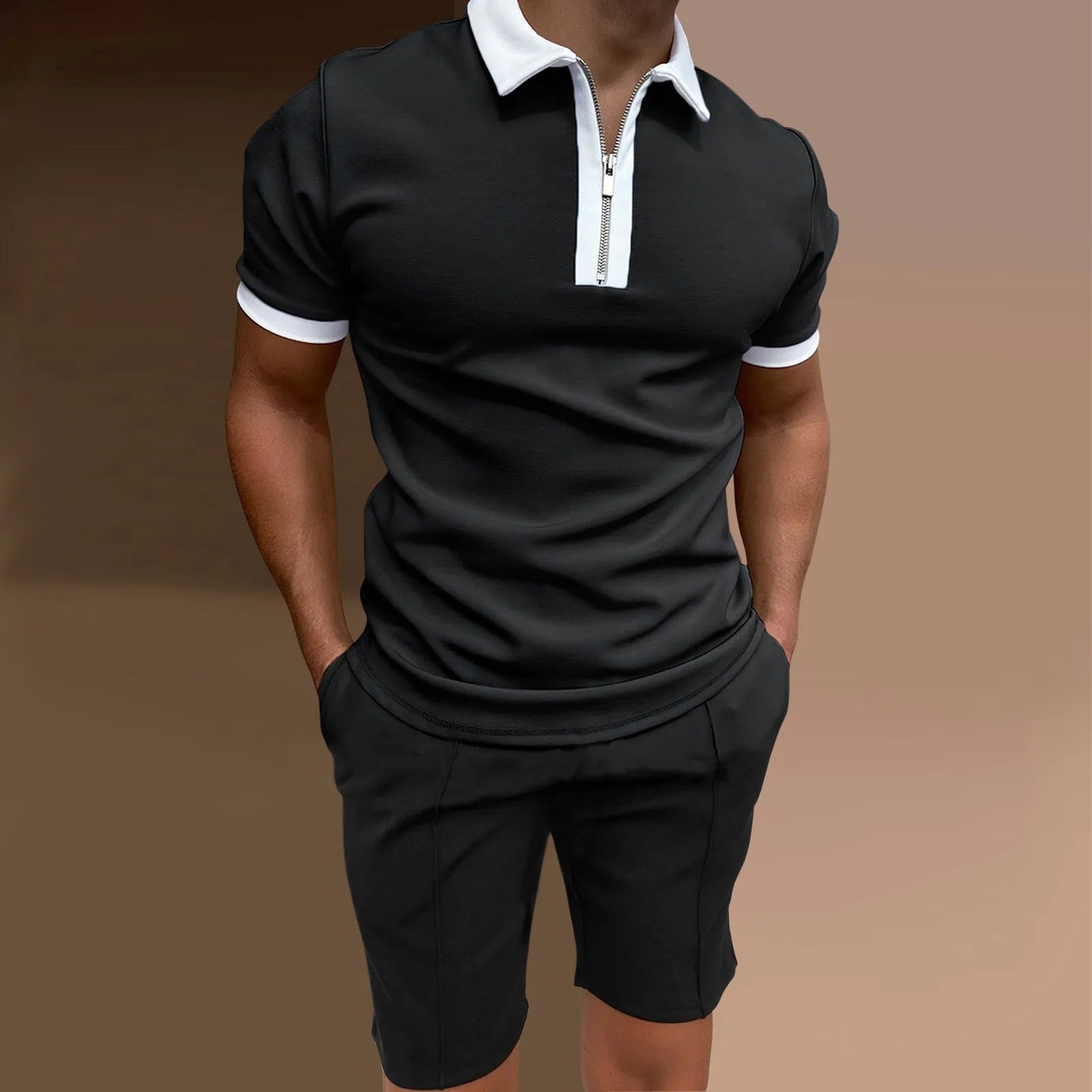 Men's printed polyester short sleeve top and matching shorts two-piece casual set