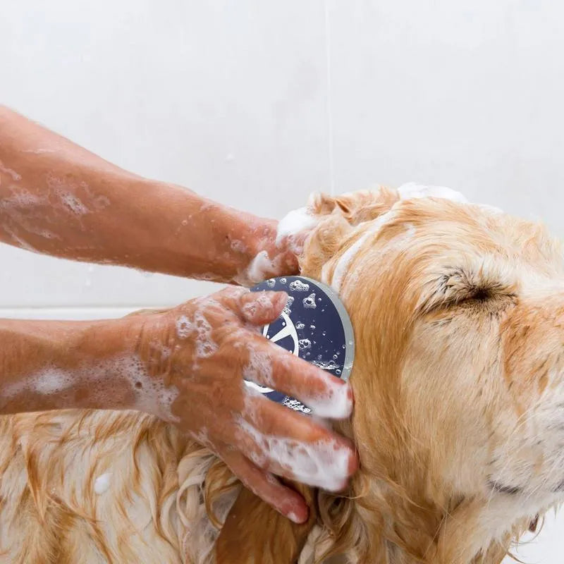 3-in-1 dog shampoo brush with silicone massage points in blue, grey, and yellow colour options