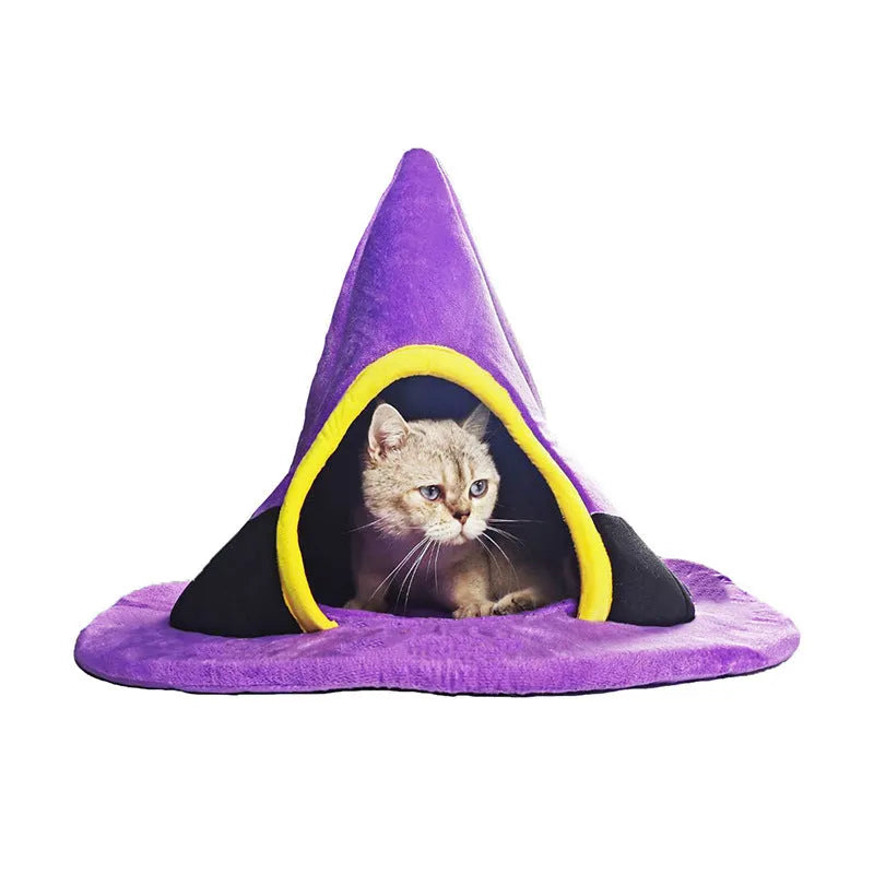Purple Halloween witch hat shaped soft cloth cat nest bed for pets.