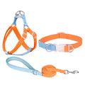 Polyester dog collar, lead, and chest strap set shown in a green and pink two-tone colour combination.