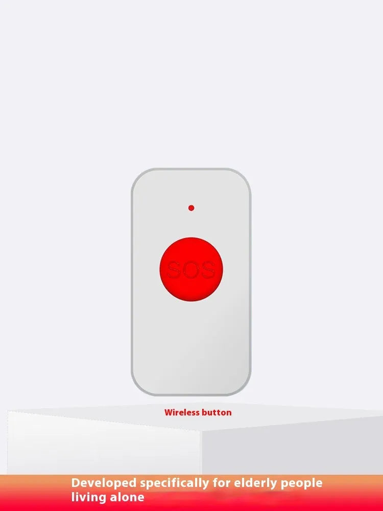 White one-click emergency alert device for the elderly showing a central buzzer unit and three remote panic buttons.