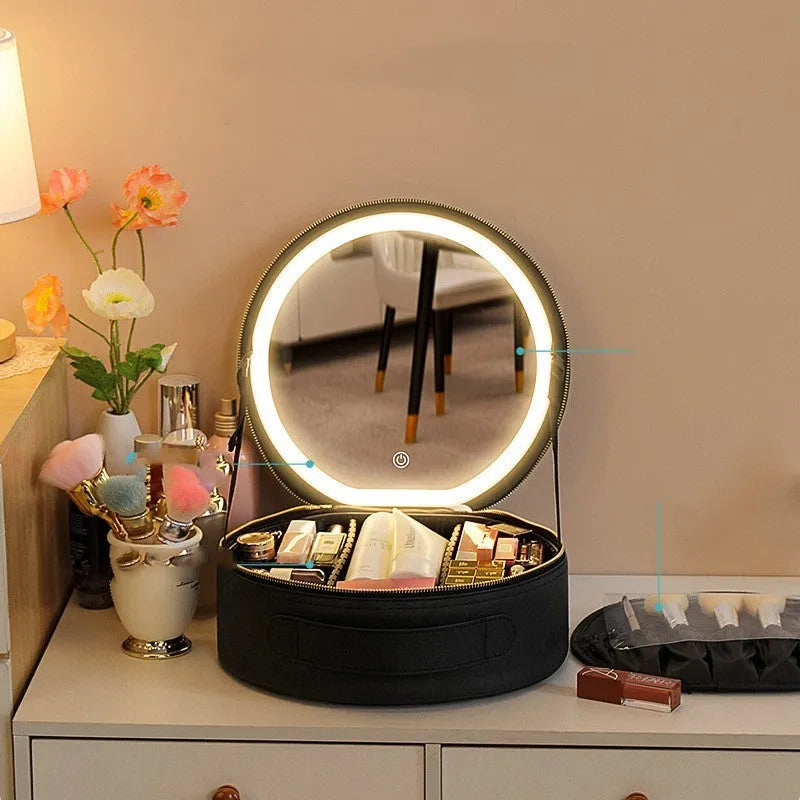 Round cherry blossom pink PU leather makeup bag with a lit LED mirror inside, showing internal partitions.