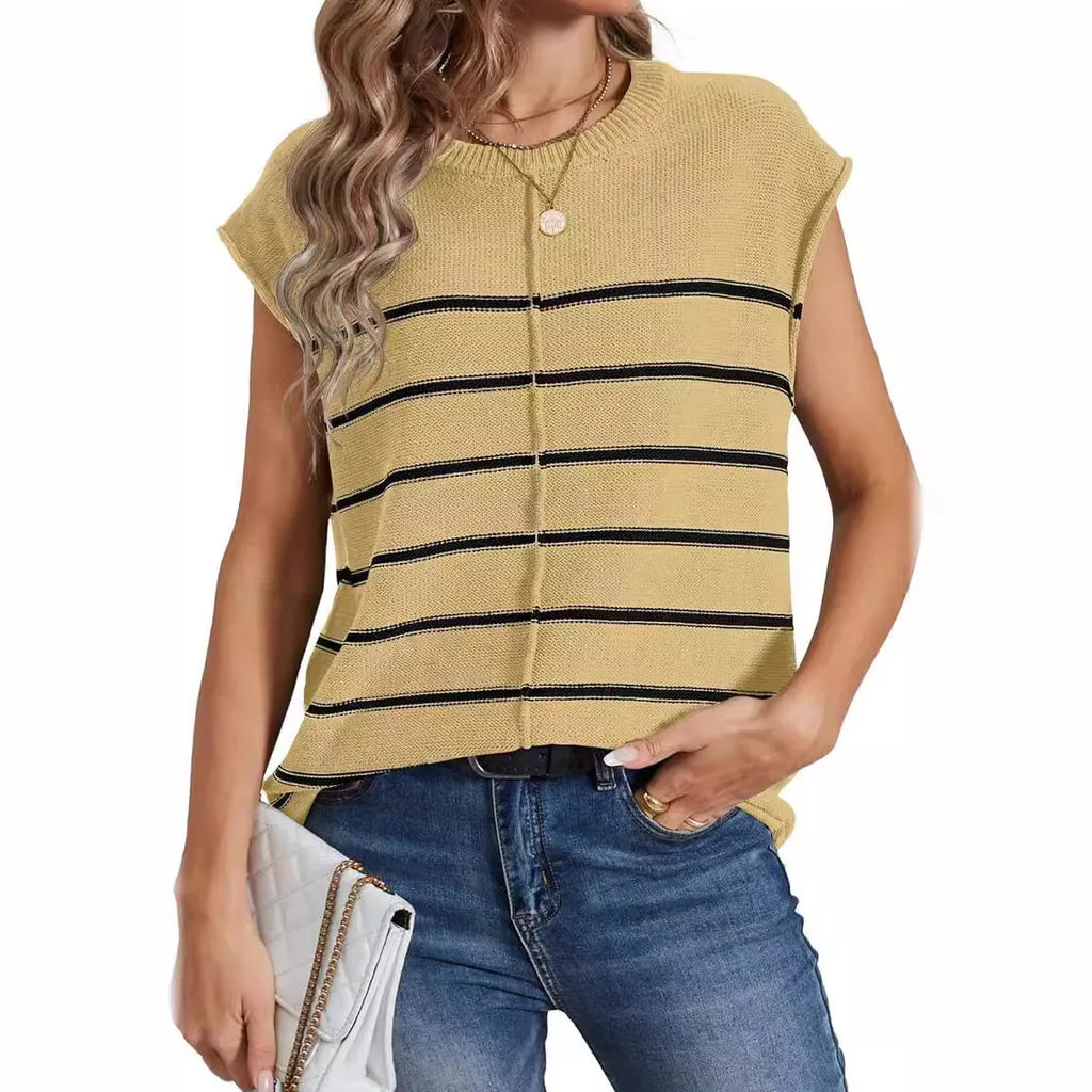 Women's striped sleeveless pullover vest in acrylic fabric on a hanger