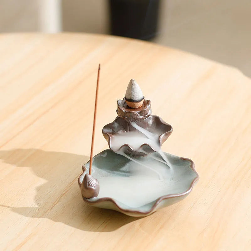 Purple clay ceramic reverse flow incense burner with crystal glaze lotus design