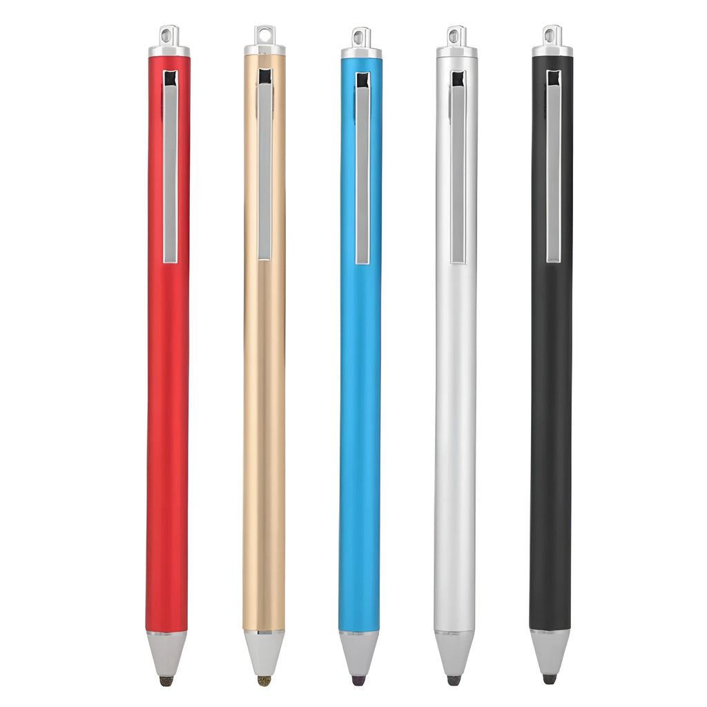 Metal-shell digital stylus for tablet and phone touch screens, shown in multiple colour options.