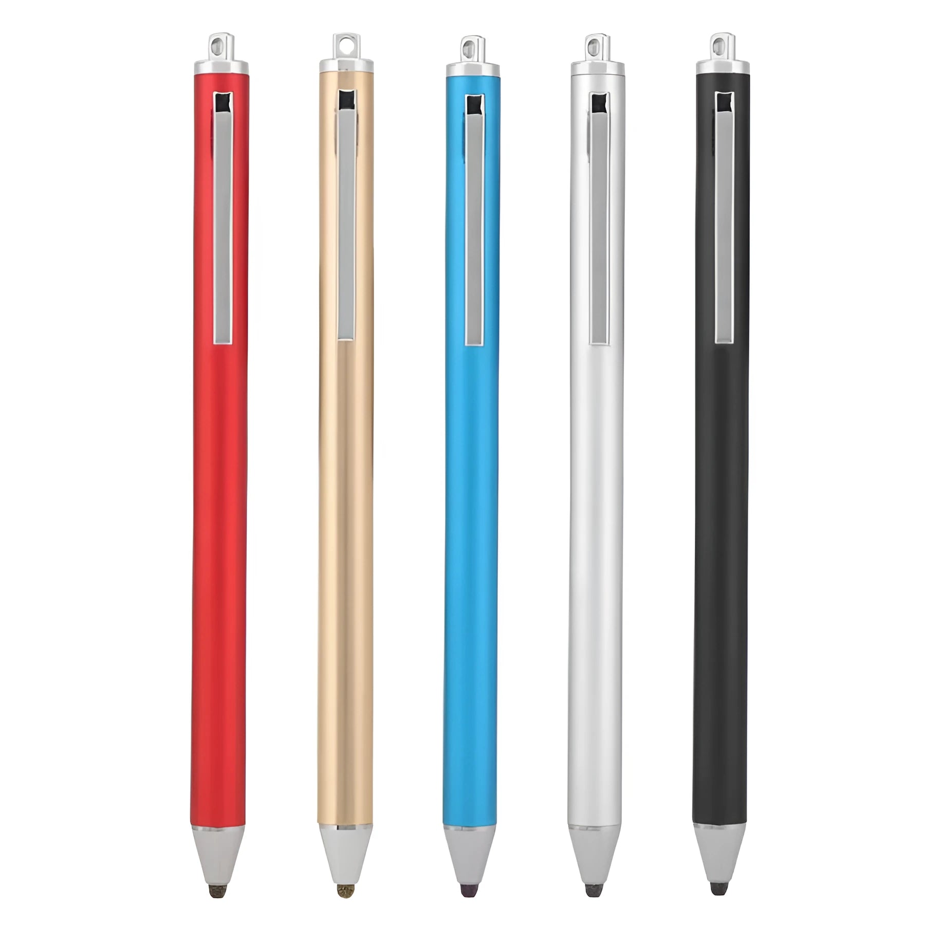 Metal-shell digital stylus for tablet and phone touch screens, shown in multiple colour options.