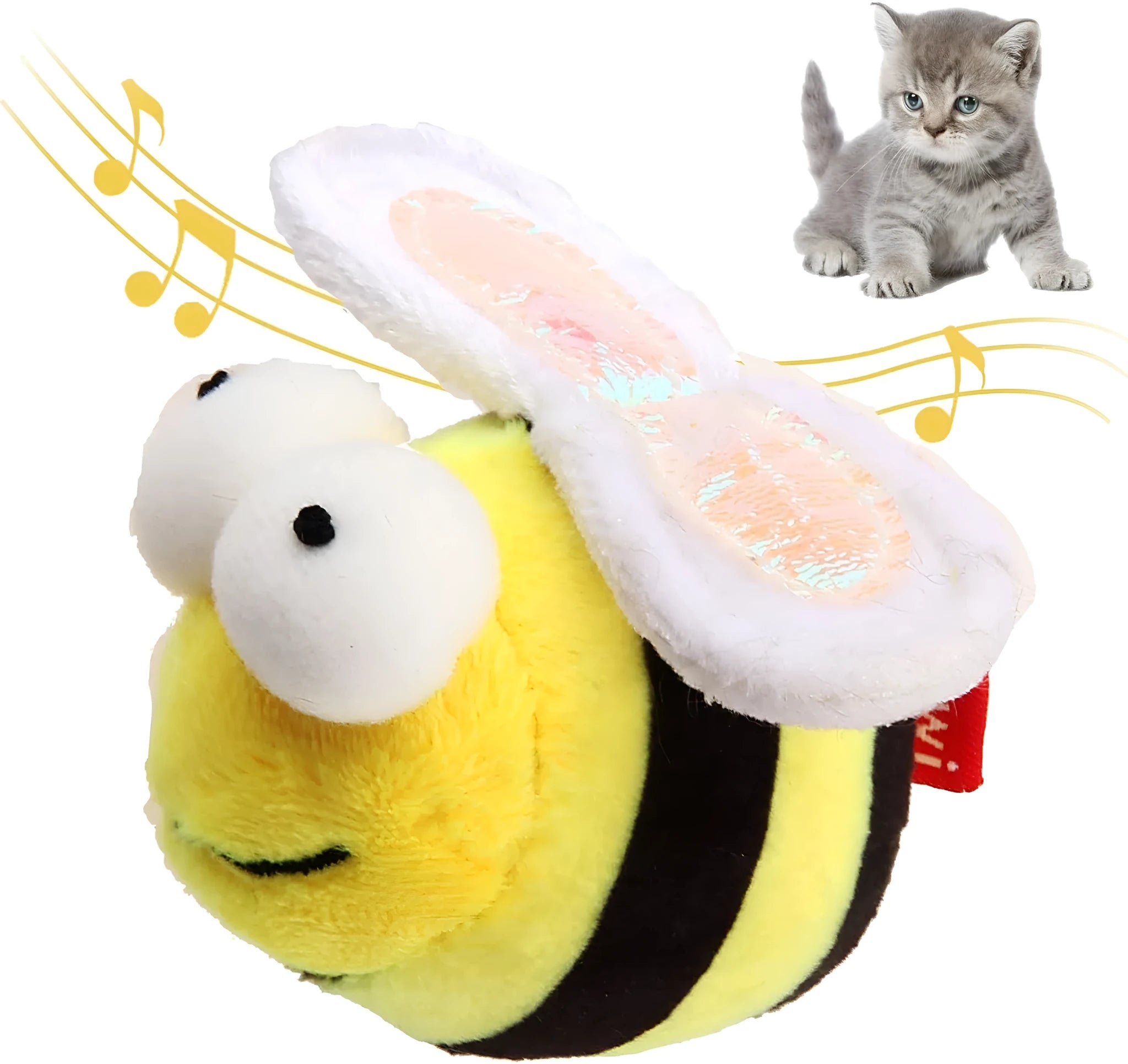 Yellow flannelette bee-shaped electronic cat toy with motion-activated chirping sound