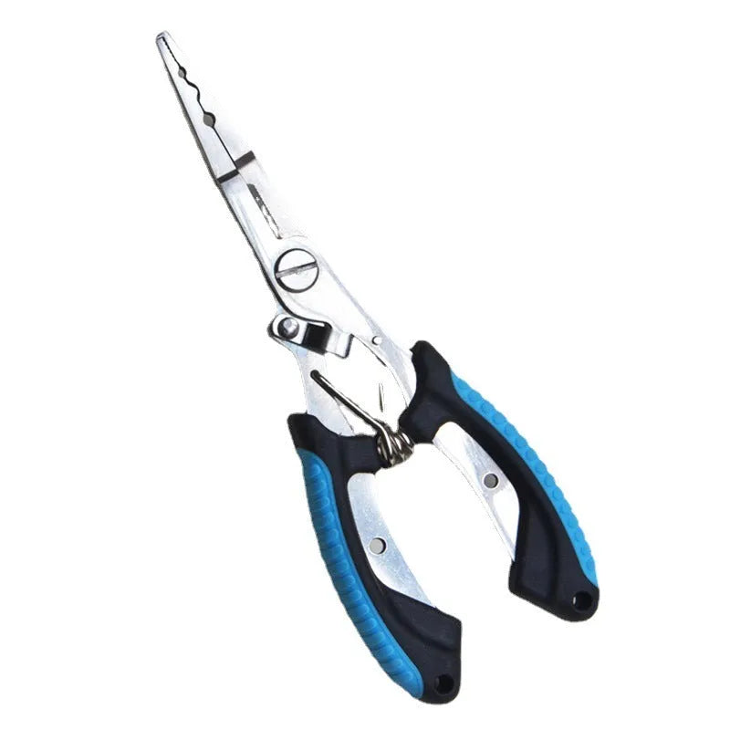SS420 steel fishing pliers with straight mouth and hook, red blue green handle options