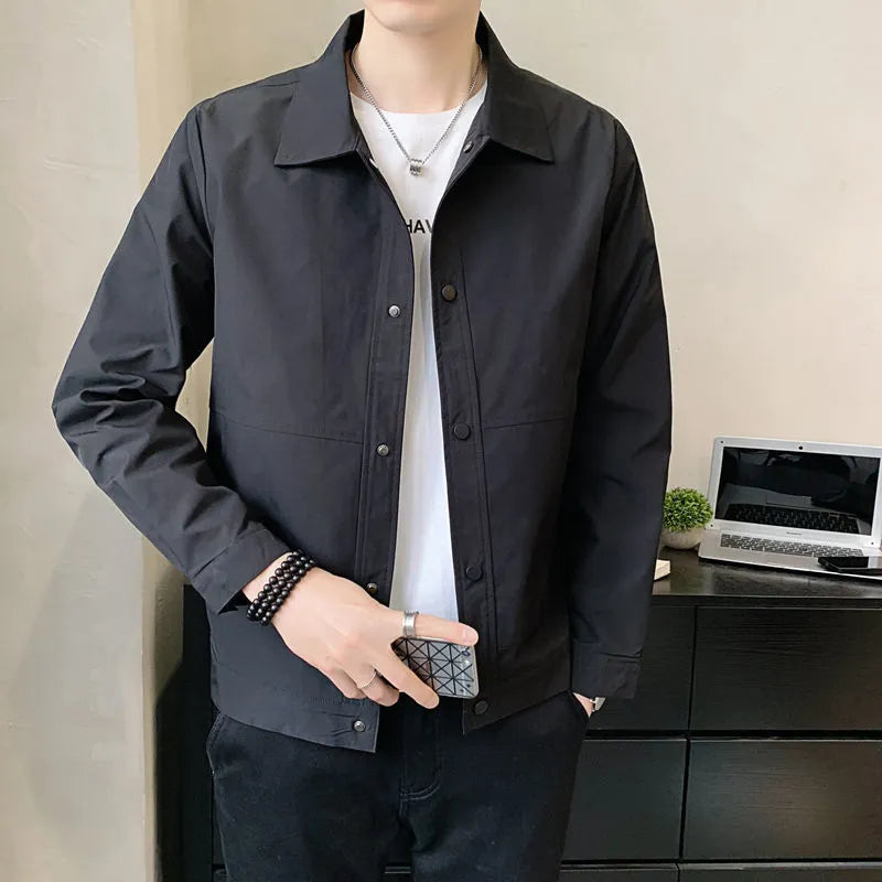 Men's Korean style thin polyester jacket for spring and autumn wear in black, grey, or blue