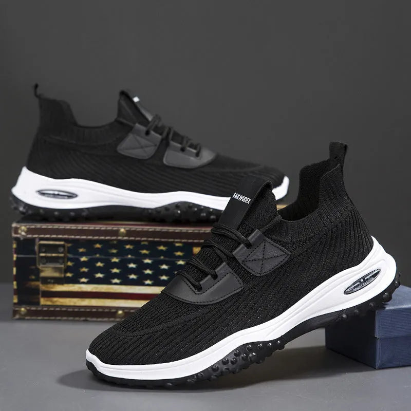 Flyknit breathable low-top running shoes in black and brown colour options with flat heel and mesh lining