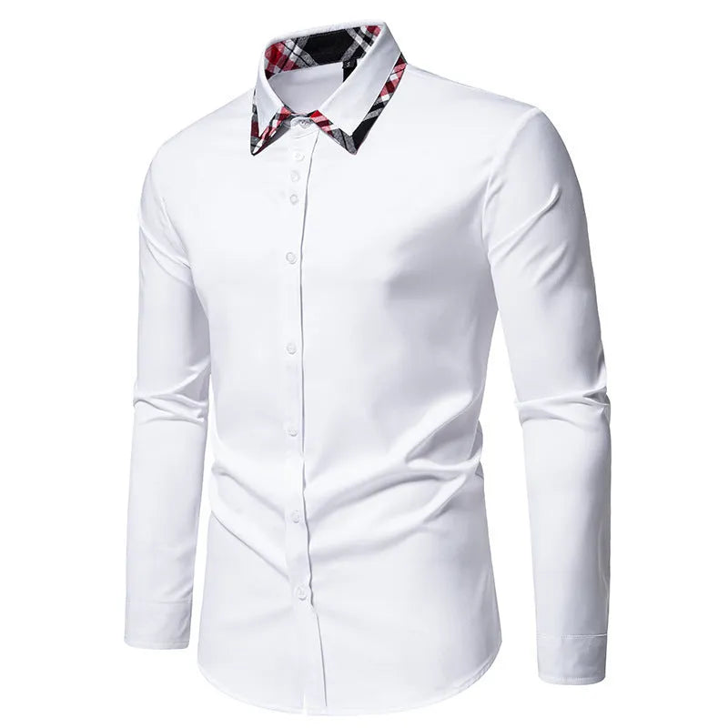 Men's plaid contrast colour triangle collar long sleeve casual shirt