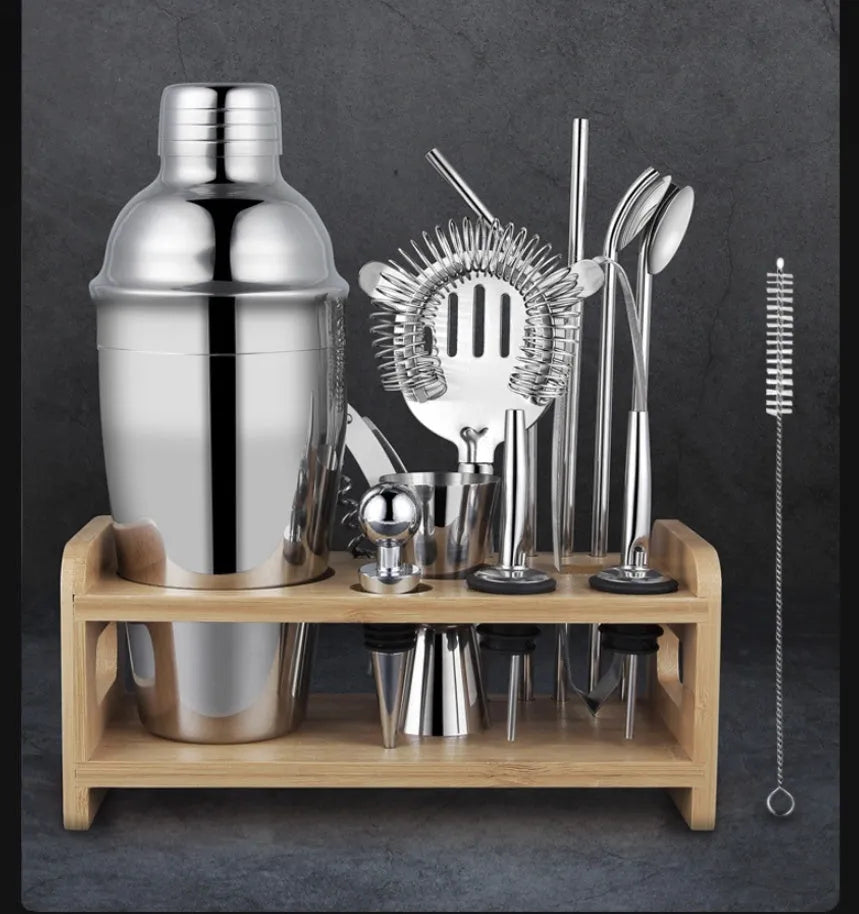 23-piece stainless steel cocktail set with European-style bar accessories including shaker, jigger, and mixing tools