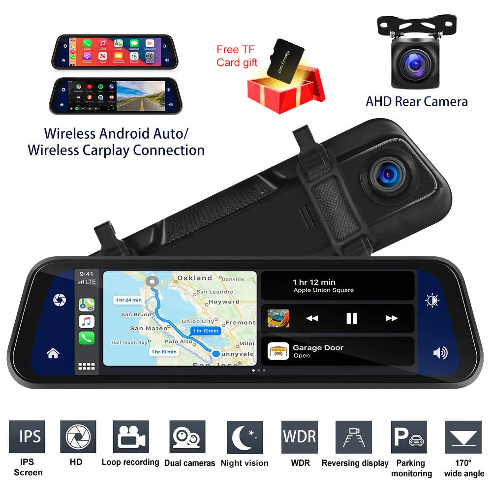 9.66 inch mirror-mounted car dash cam with rear view camera displayed with 64GB memory card and installation kit