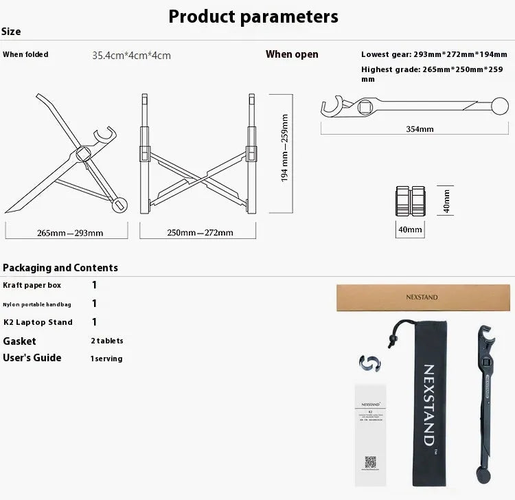 Black foldable portable laptop stand with lifting mechanism, shown with carrying case