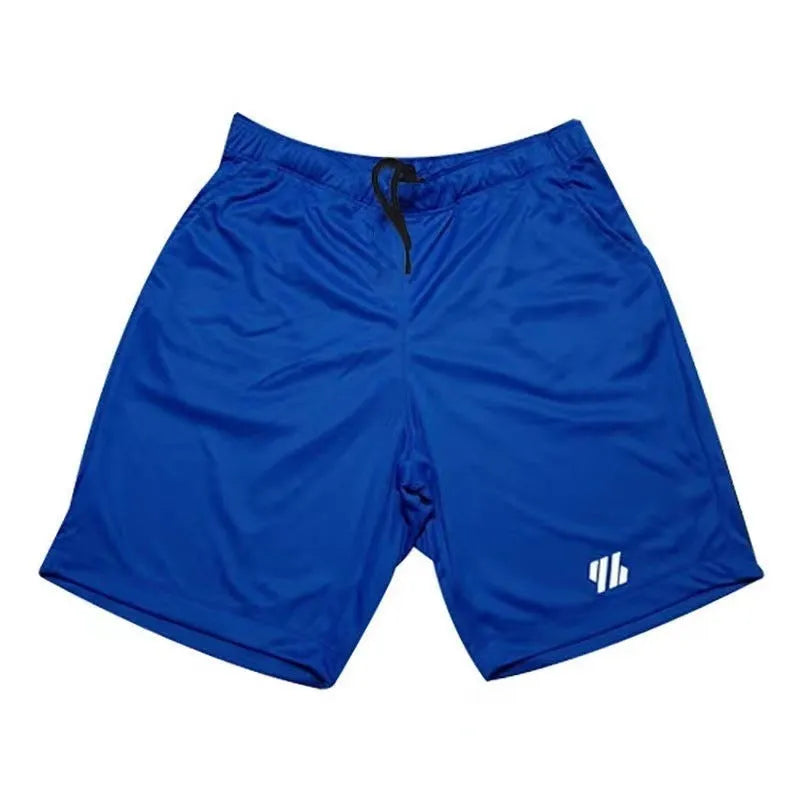 Loose-fit black metal silk sports shorts on a hanger against a plain background.