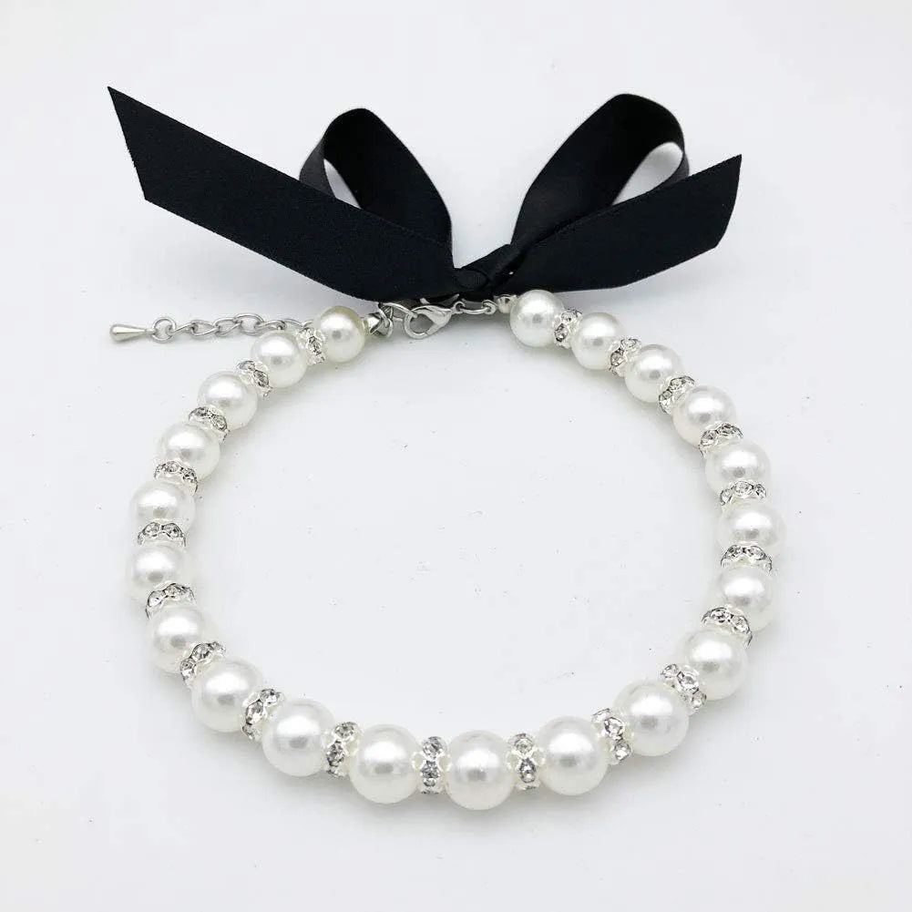 Adjustable diamond dog necklace with imitation pearls and rhinestones on soft ribbon collar