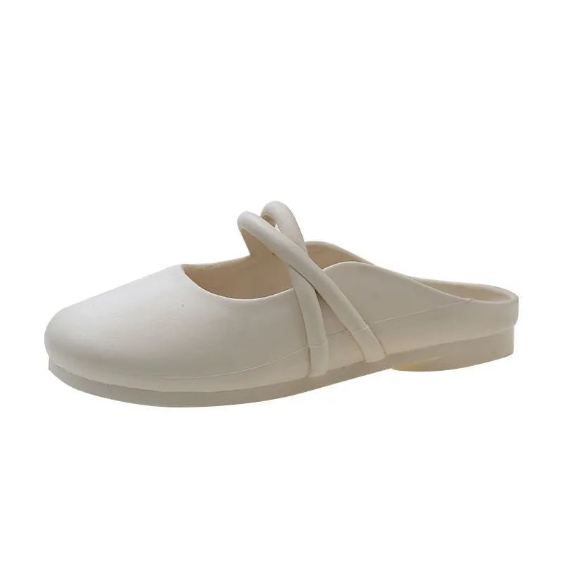 Women's baotou flip flop sandals in black, beige, or green with a plastic upper.