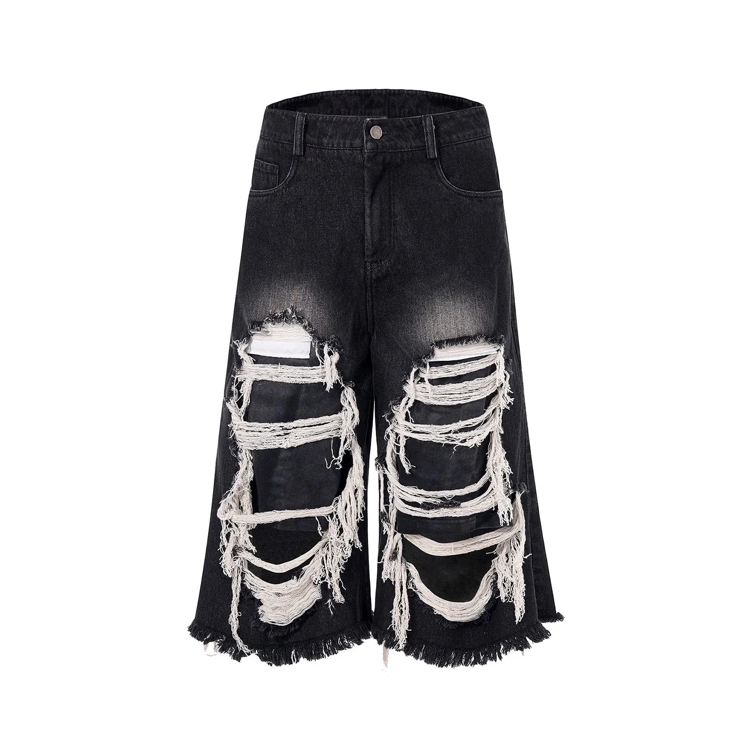 Black women's cropped wide-leg jeans with ripped patch details on the legs.