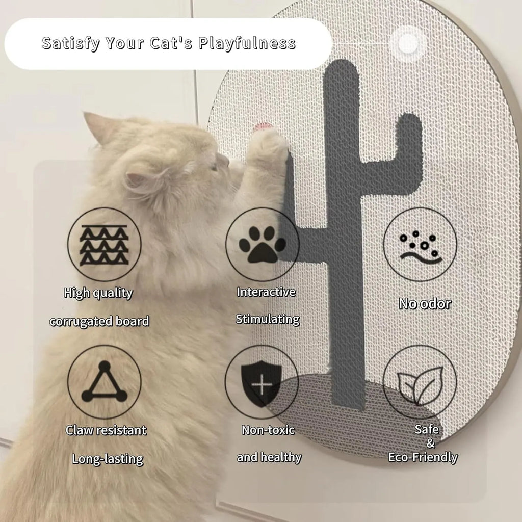 A vertical, rectangular corrugated cardboard cat scratcher mounted on a wall.