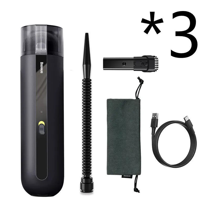 Baseus handheld cordless car vacuum cleaner in black, white, or green with blowing hose accessory.