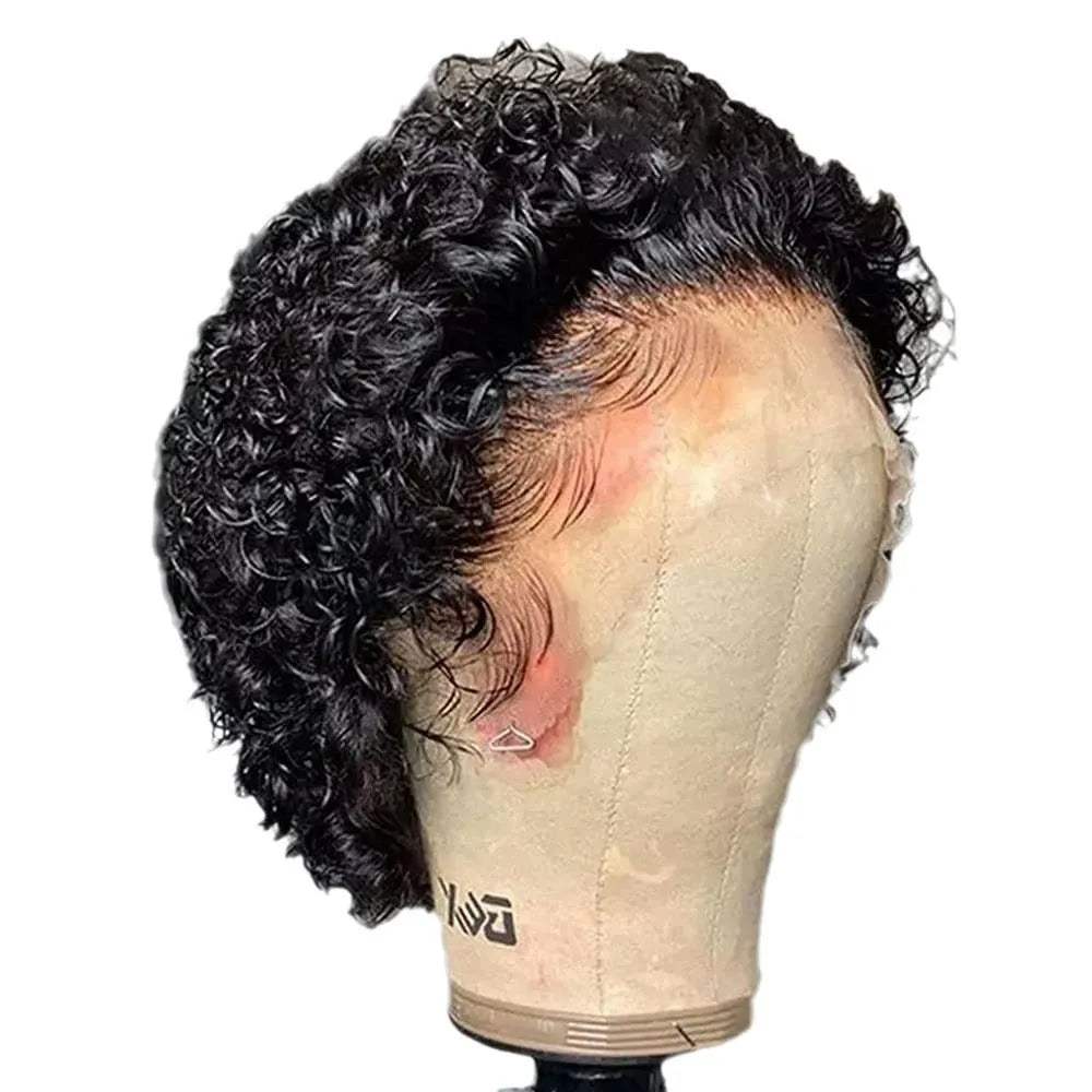 Black short pixie wig with lace front, made from human hair for daily wear.