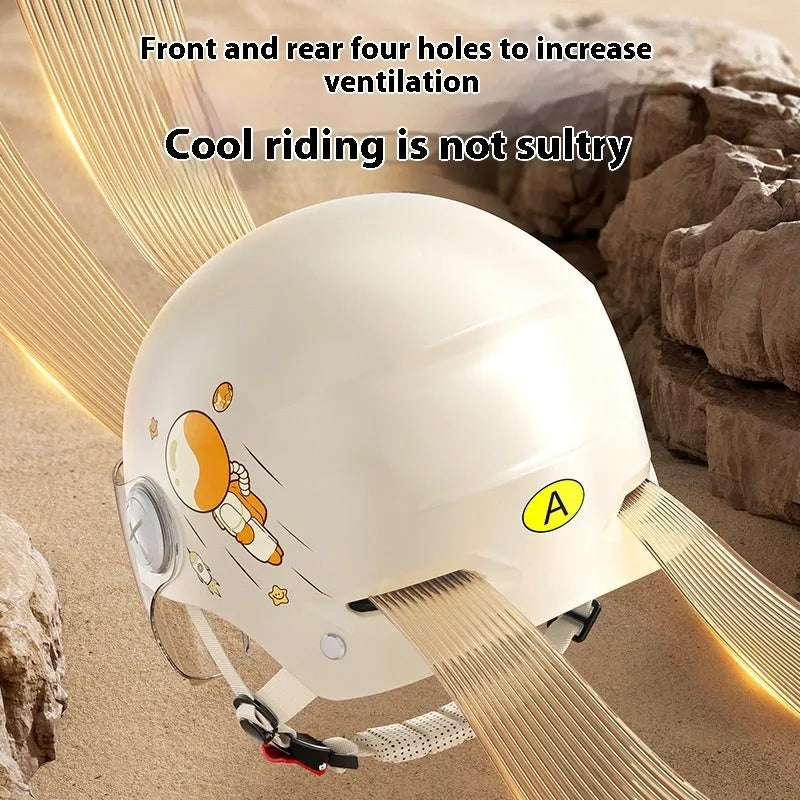 Khaki coloured motorcycle half helmet with a mirrored long visor attached on a table.