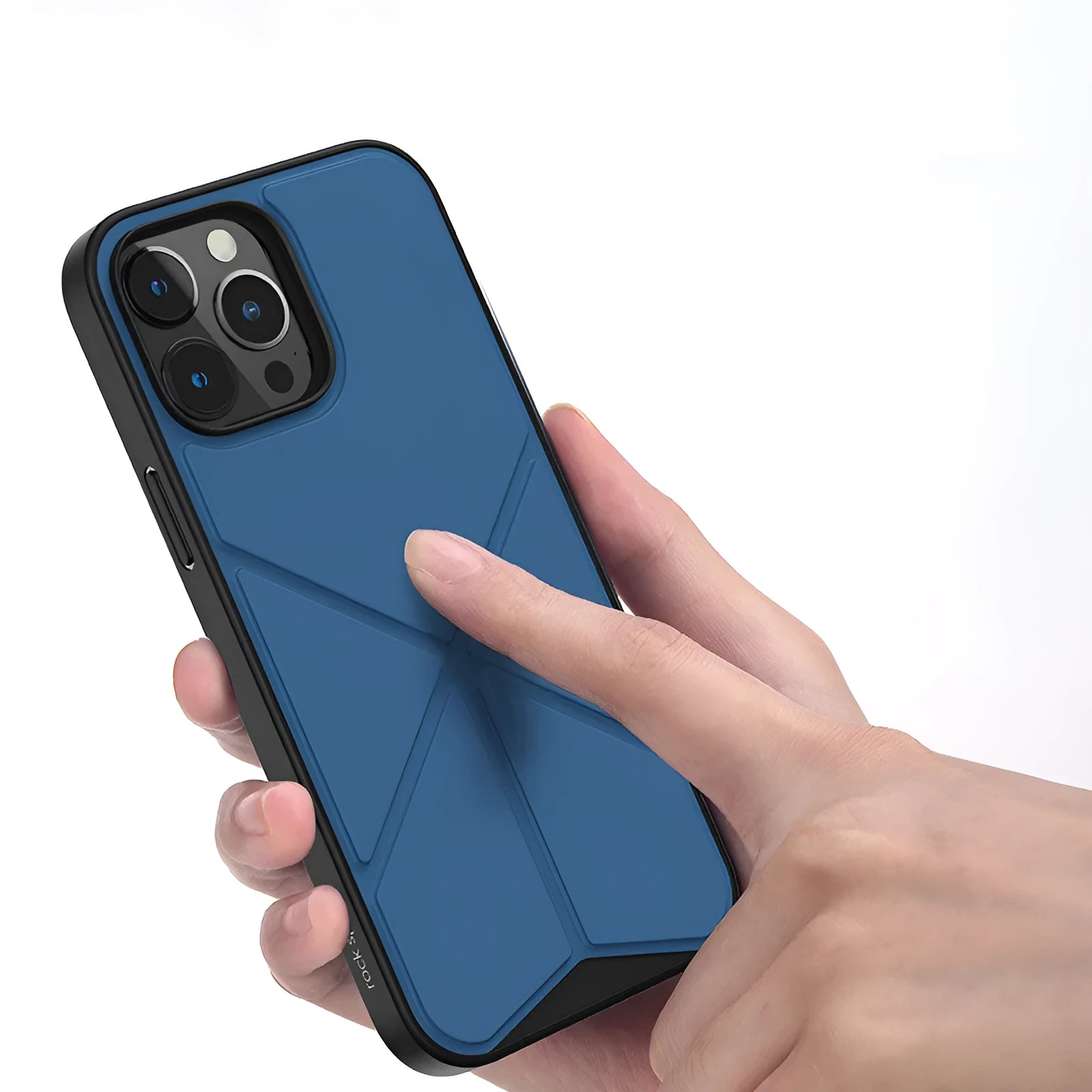 Black and blue solid colour TPU back cover case for iPhone 13 models on a plain background.