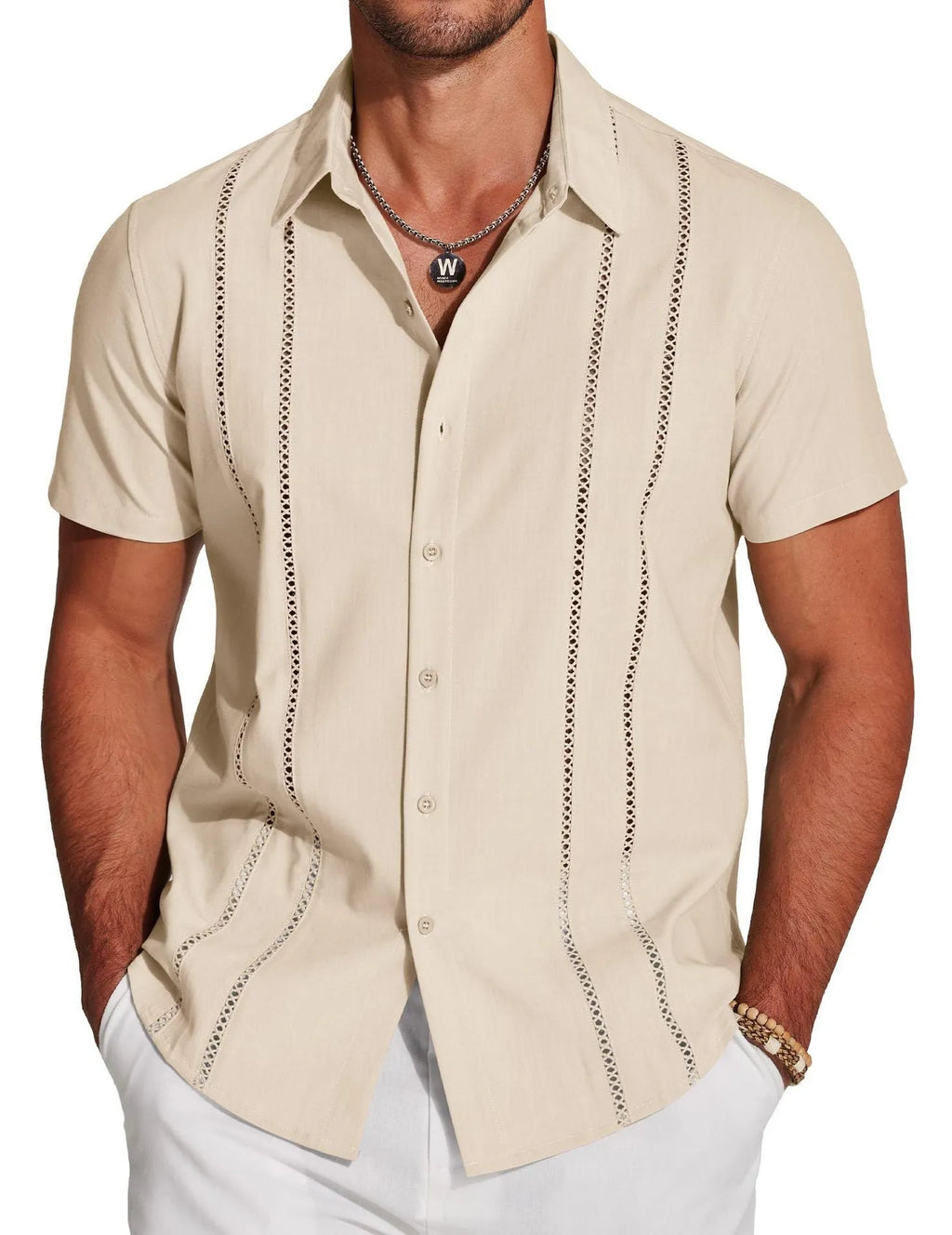 Men's slim fit short sleeve Hawaiian shirt with digital print pattern in elastic polyester fabric.