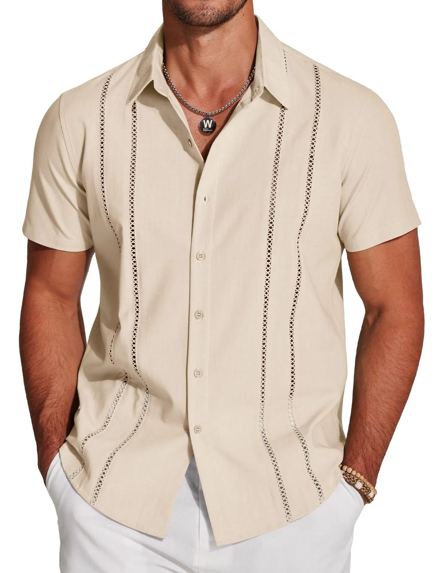 Men's slim fit short sleeve Hawaiian shirt with digital print pattern in elastic polyester fabric.