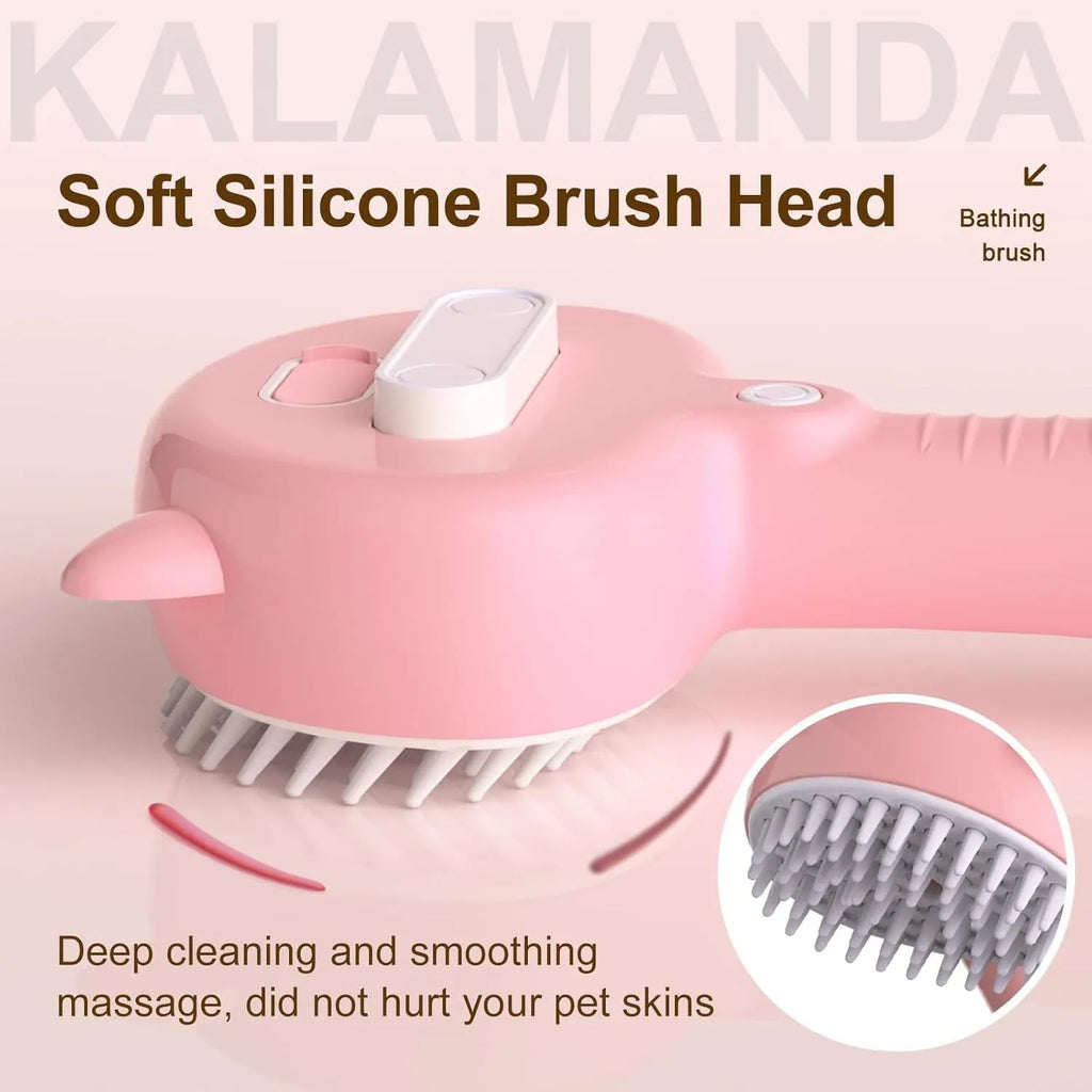 Blue cat-ear shaped pet grooming brush with rubber bristles and water reservoir