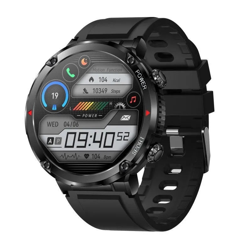 T30 Smart Watch in black on a wrist, showing its IPS touchscreen display and silicone strap.