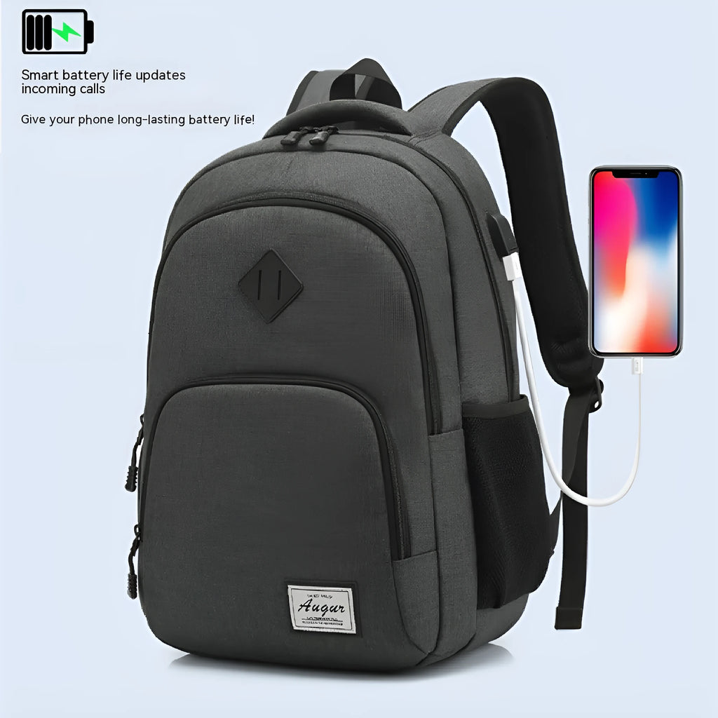 Simple lightweight backpack with USB charging interface in grey colour showing dimensions and trolley compatibility