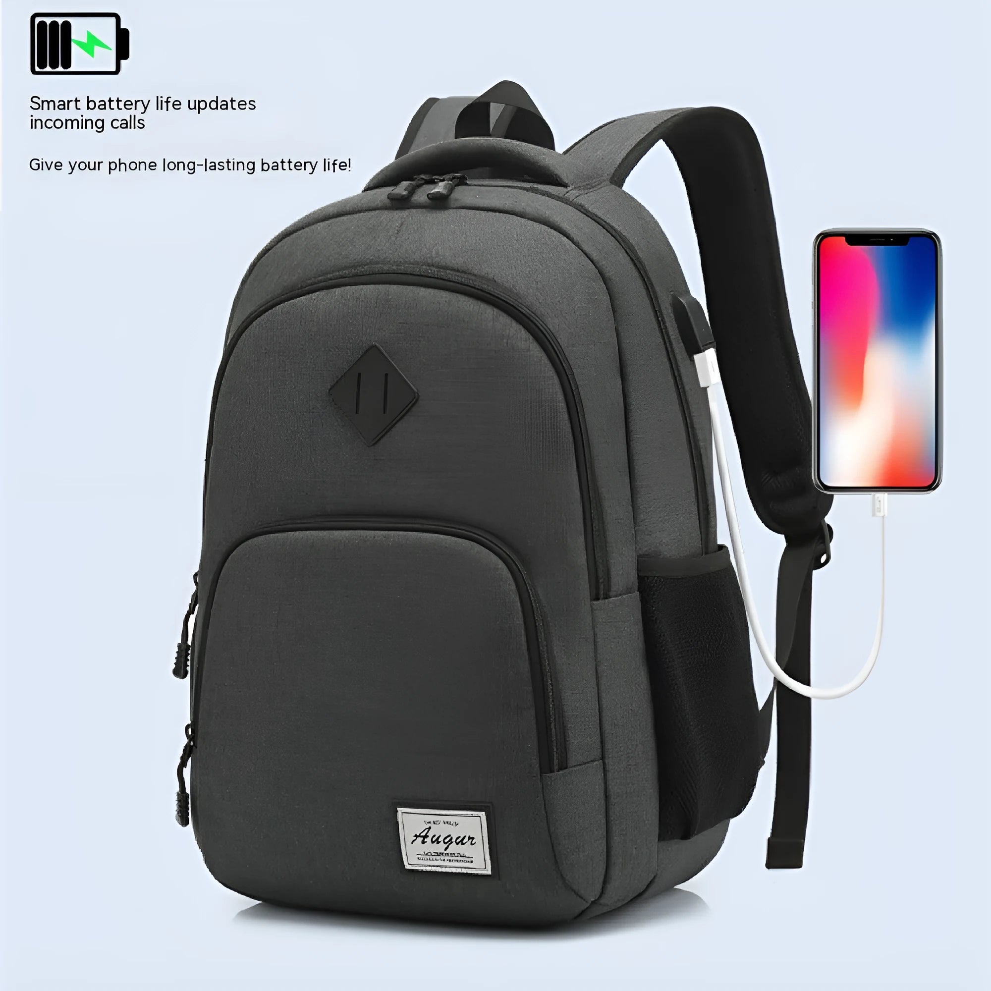 Simple lightweight backpack with USB charging interface in grey colour showing dimensions and trolley compatibility