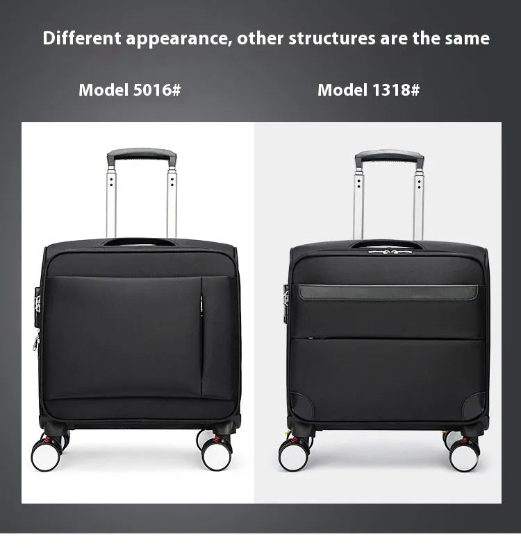 Black 18 inch Oxford cloth business suitcase with telescopic handle and wheels.