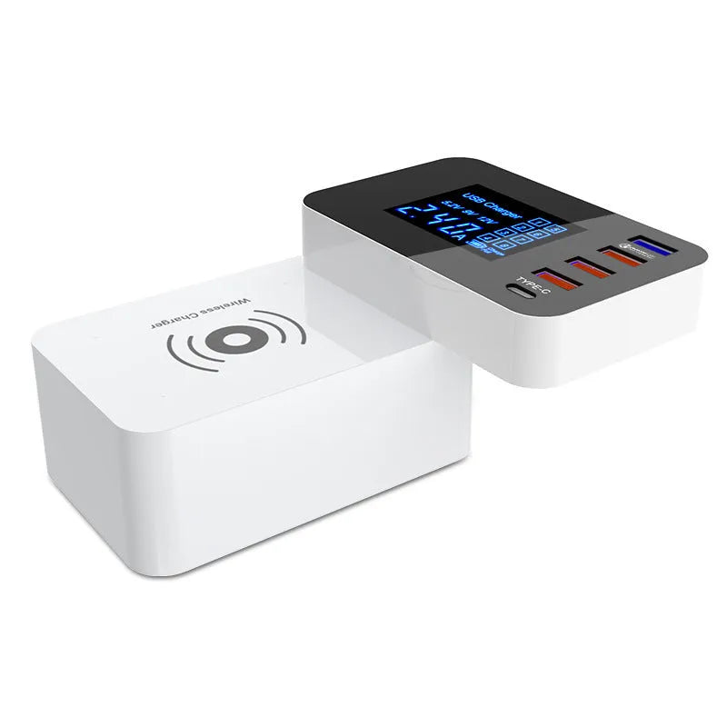 White multi-port USB fast charger with travel plug adapters and a long cable on a desk.